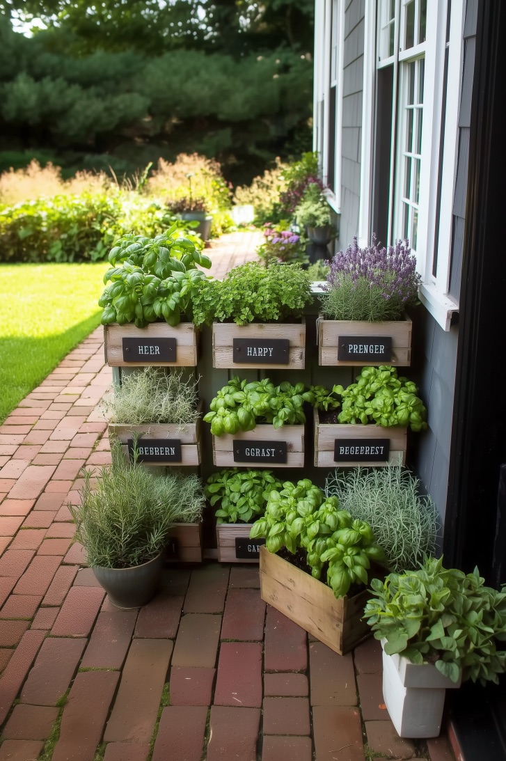 Label Wooden Crates for Organized Outdoor in Ground Herb Displays