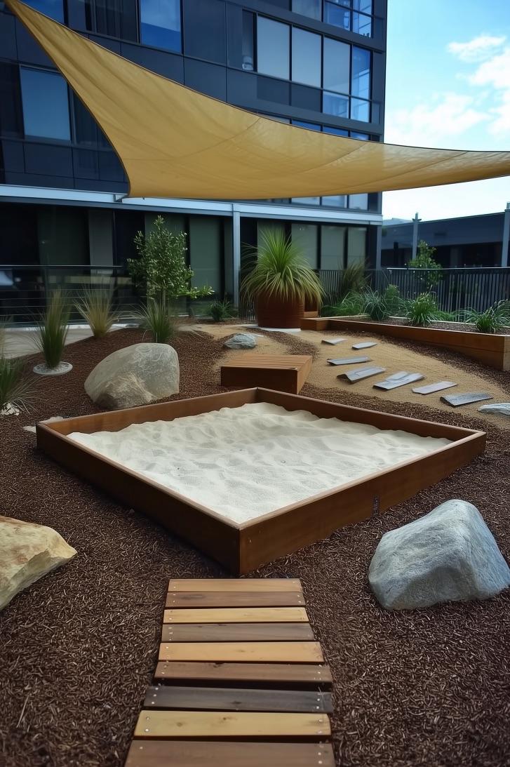Lay Stepping Stones Leading to a Modern Sandbox for Kids