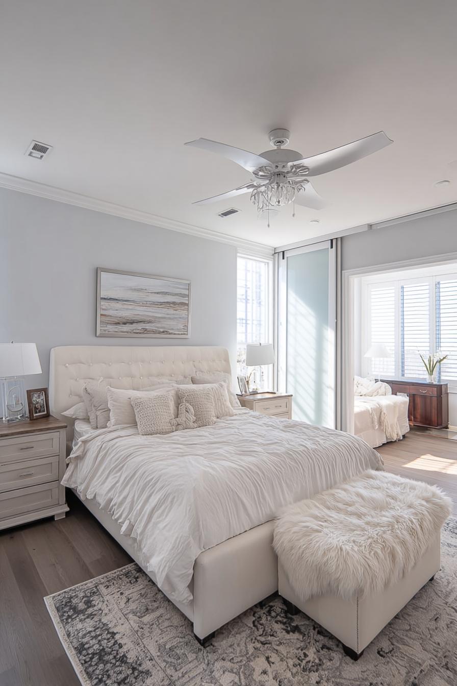 Layer a Shaggy Ottoman For Luxe White Bedroom Texture