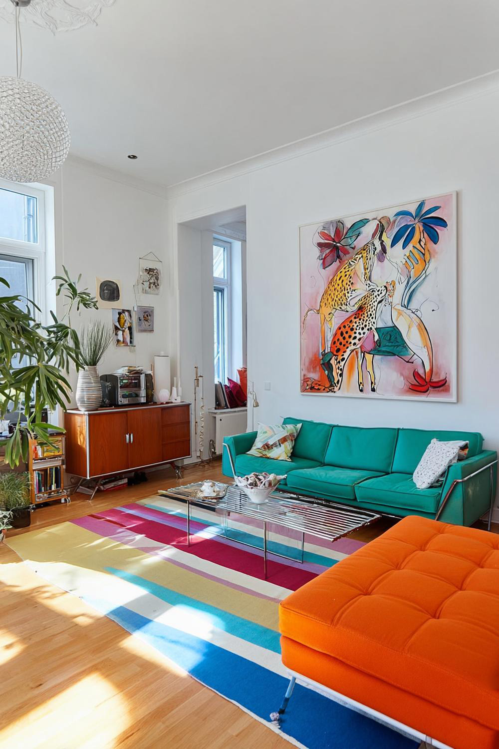 Layer a Striped Rug to Energize the Living Room Scheme