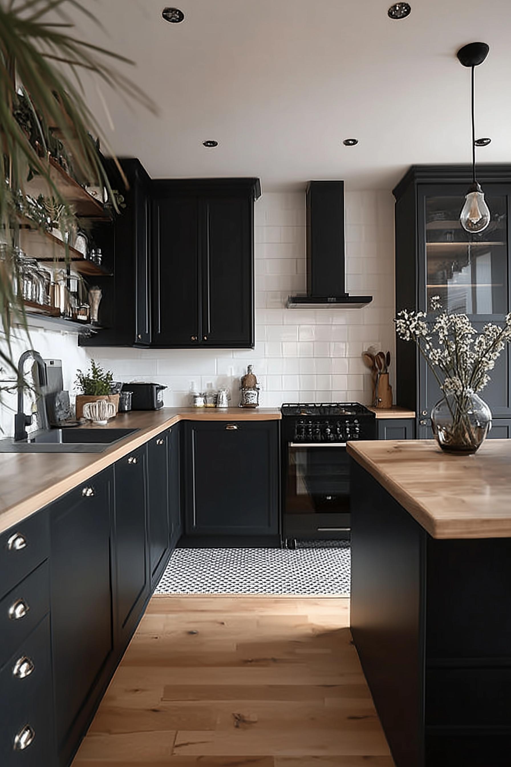 Layer Natural Wooden Countertops with Black Cabinets For Modern Warmth