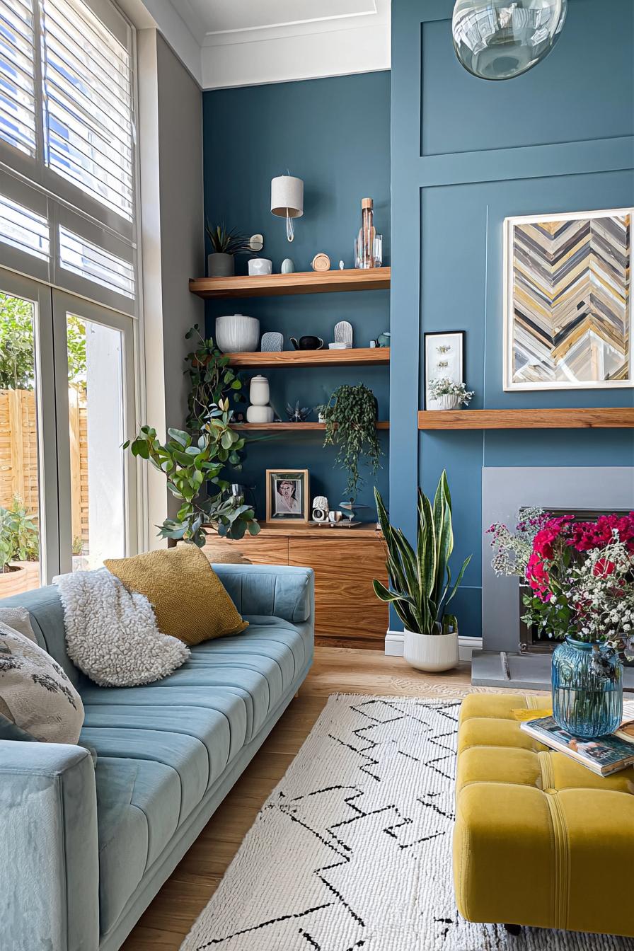 Layer Soft Textiles For an Inviting Blue Living Room Couch