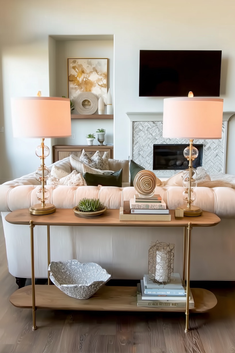 Layer Table Lamps with Books for Inviting Ideas Behind Couch