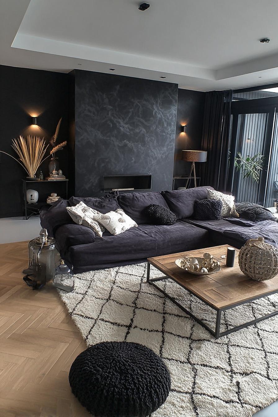 Layer Textured Floor Cushions For Inviting Black Living Rooms