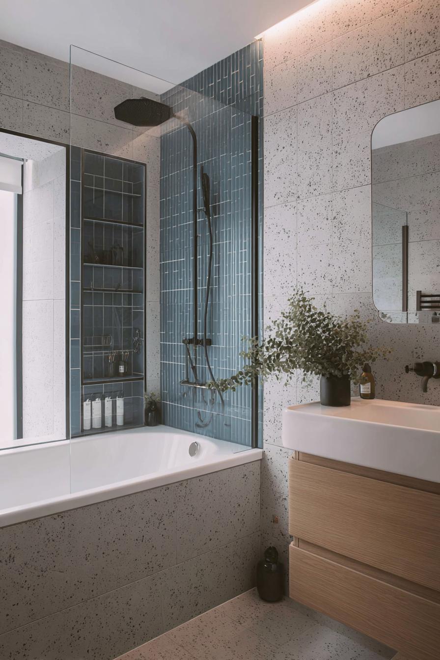 Layer Vertical Blue Tiles For a Long Narrow Shower Feature