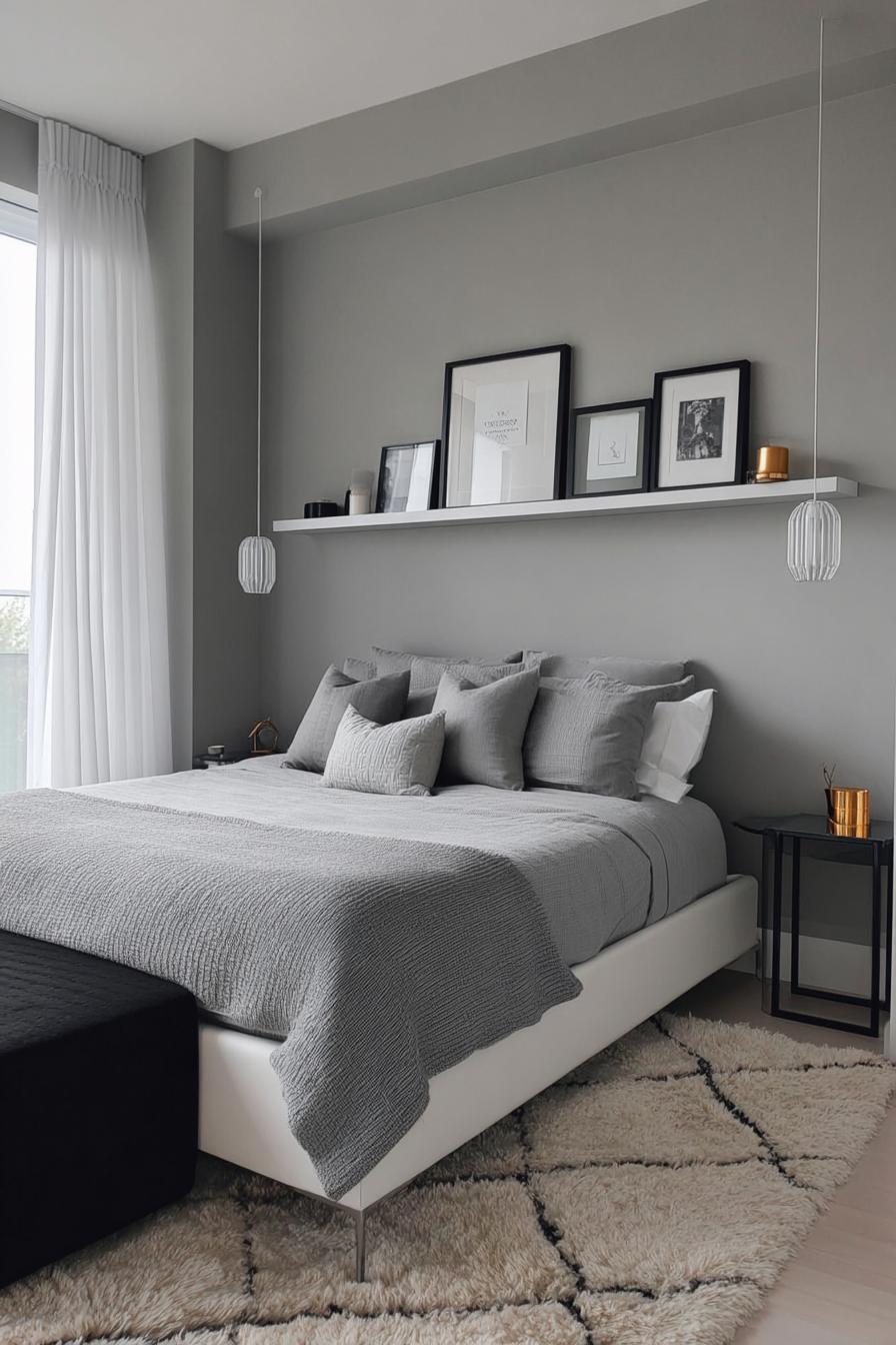 Lean Artwork Casually on Shelves Above a Grey Bed