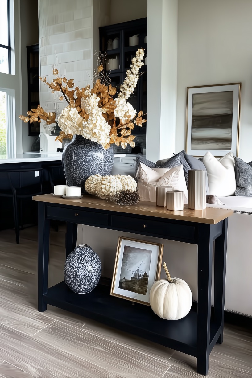 Lean Framed Art Casually on the Lower Shelf for Ideas Behind Couch