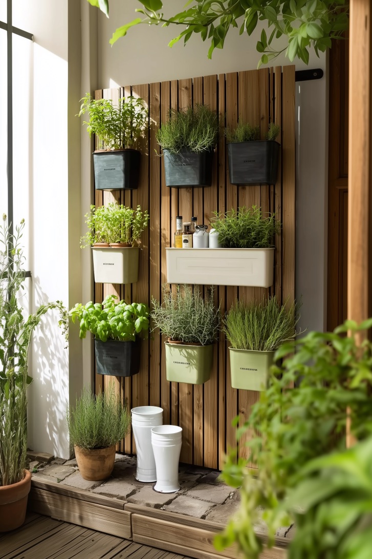 Line a Wooden Slat Wall with Colorful Potted Herbs