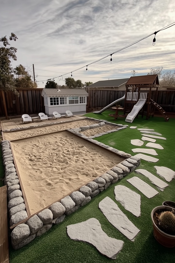 Line Sandbox Edges with River Stones for Natural Appeal