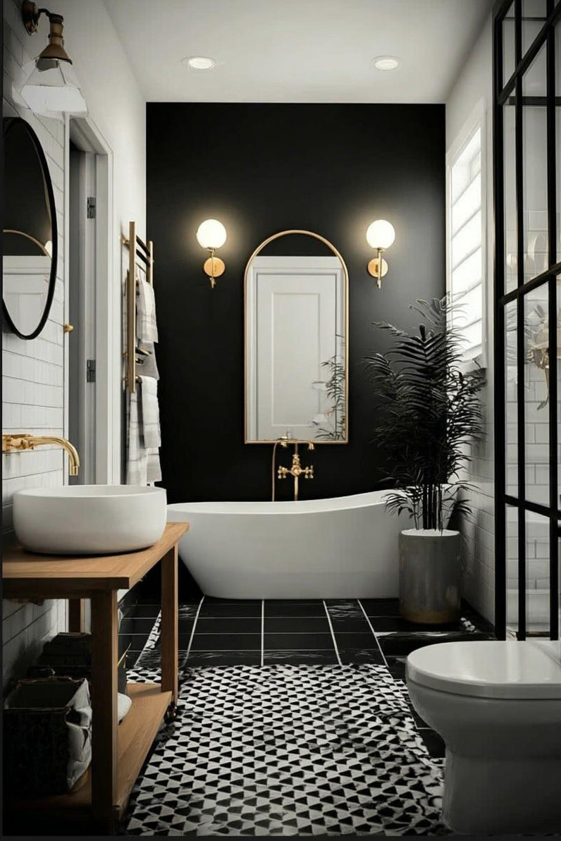 Mix Black Accent Walls with Geometric Floor Tiles For Drama