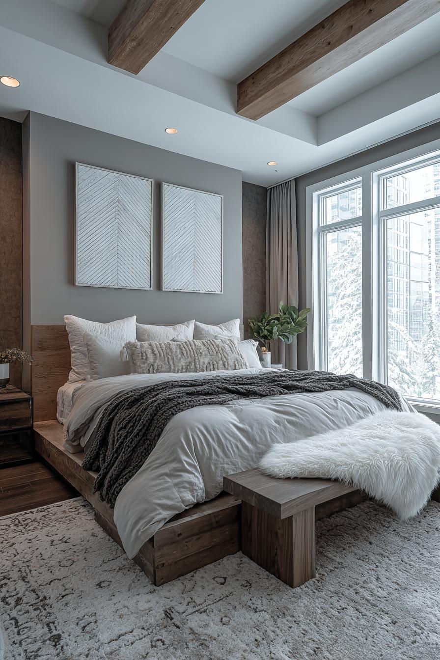 Mix Raw Wood Elements with Grey and White Textiles