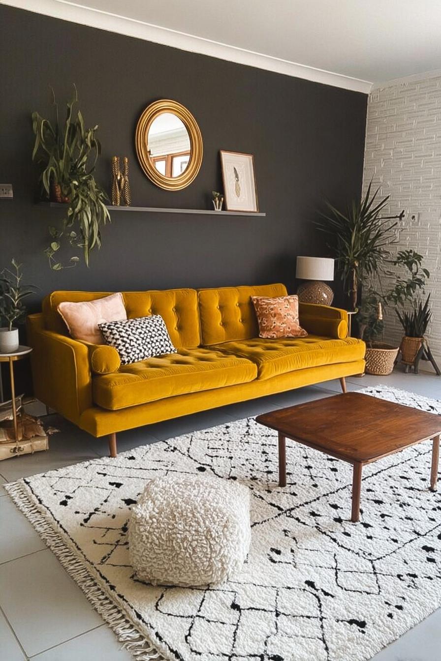Mix Textured Rug and Pouf to Define Cozy Small Living Room