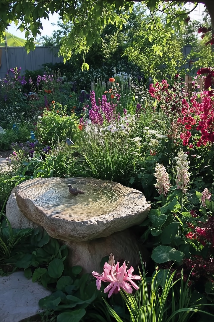 Nestle a Stone Bird Bath Among Wildflowers for Landscaping Plants