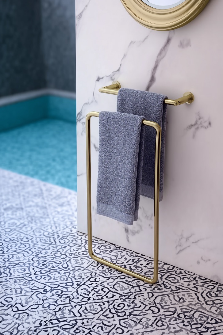 Opt for Brass Fixtures for Sophisticated Towel Rack Ideas for Pool