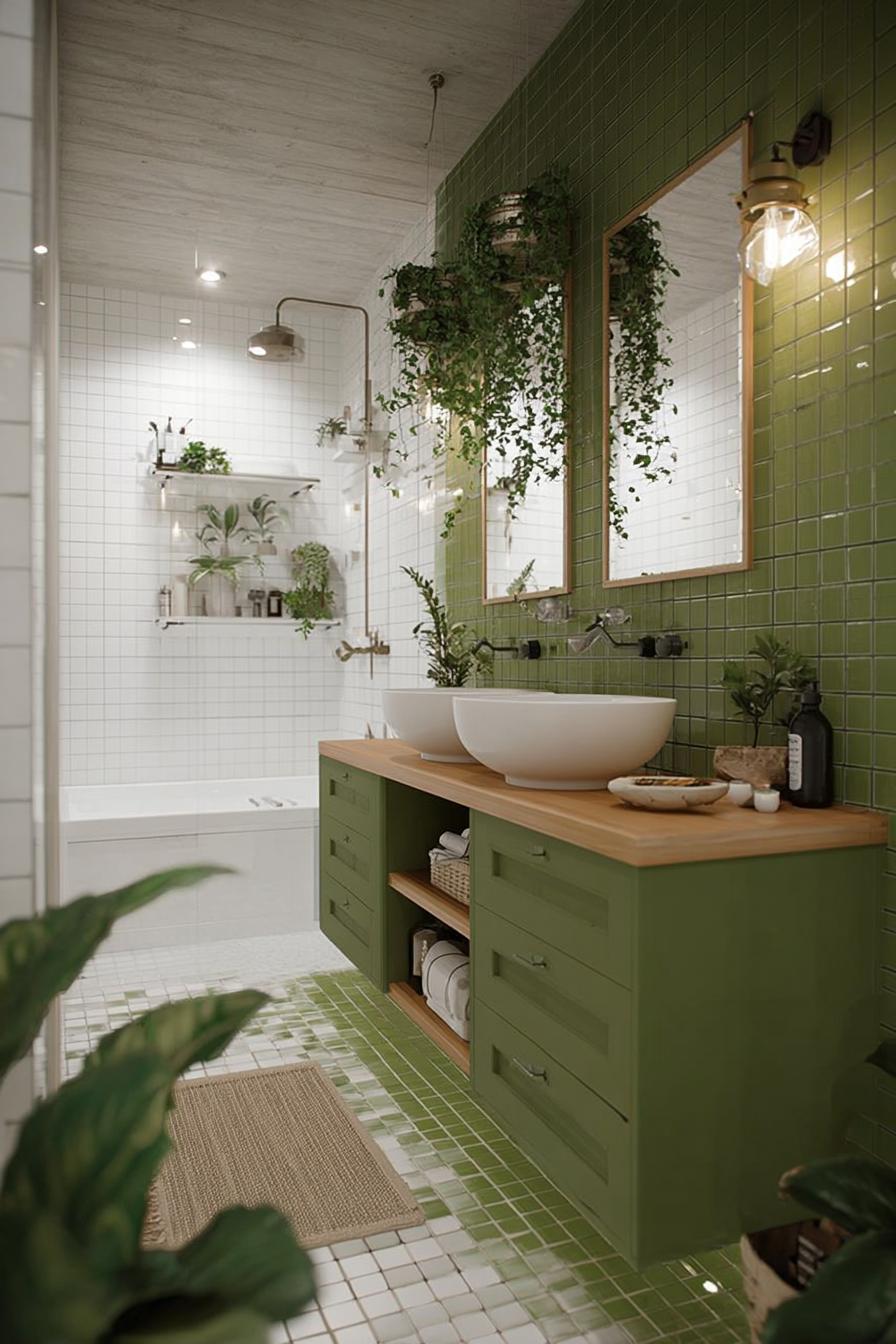 Opt For Double Vessel Sinks on a Sleek Green Vanity