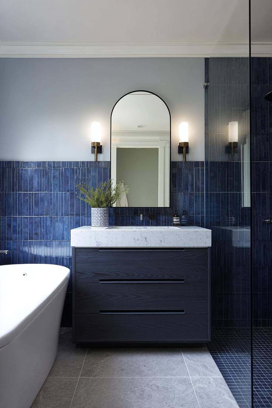 Opt For Navy Cabinets to Anchor Your Bathroom Design