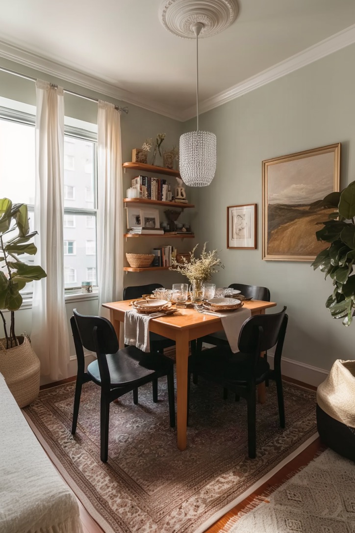 pair a vintage rug with a wooden table for apartment warmth