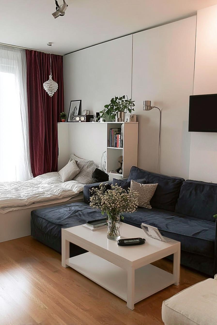 Pair Deep Blue Sofa with Crisp White Coffee Table in Small Spaces