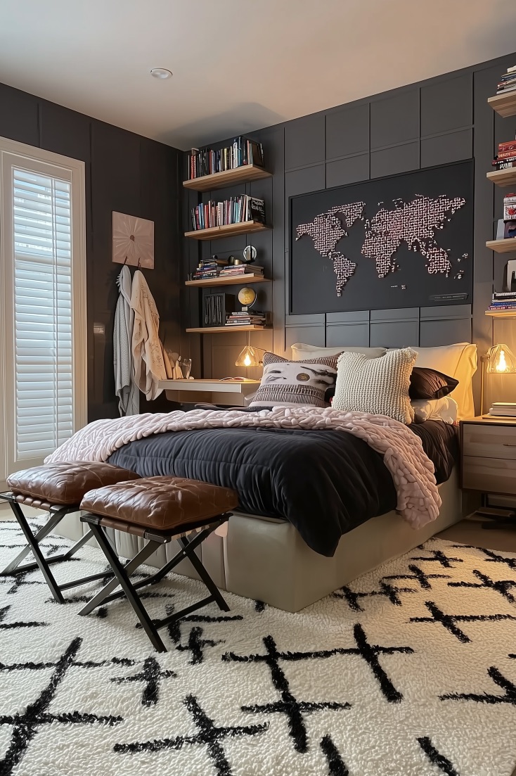 Pair Leather Ottomans At the Foot for a Dark Accent