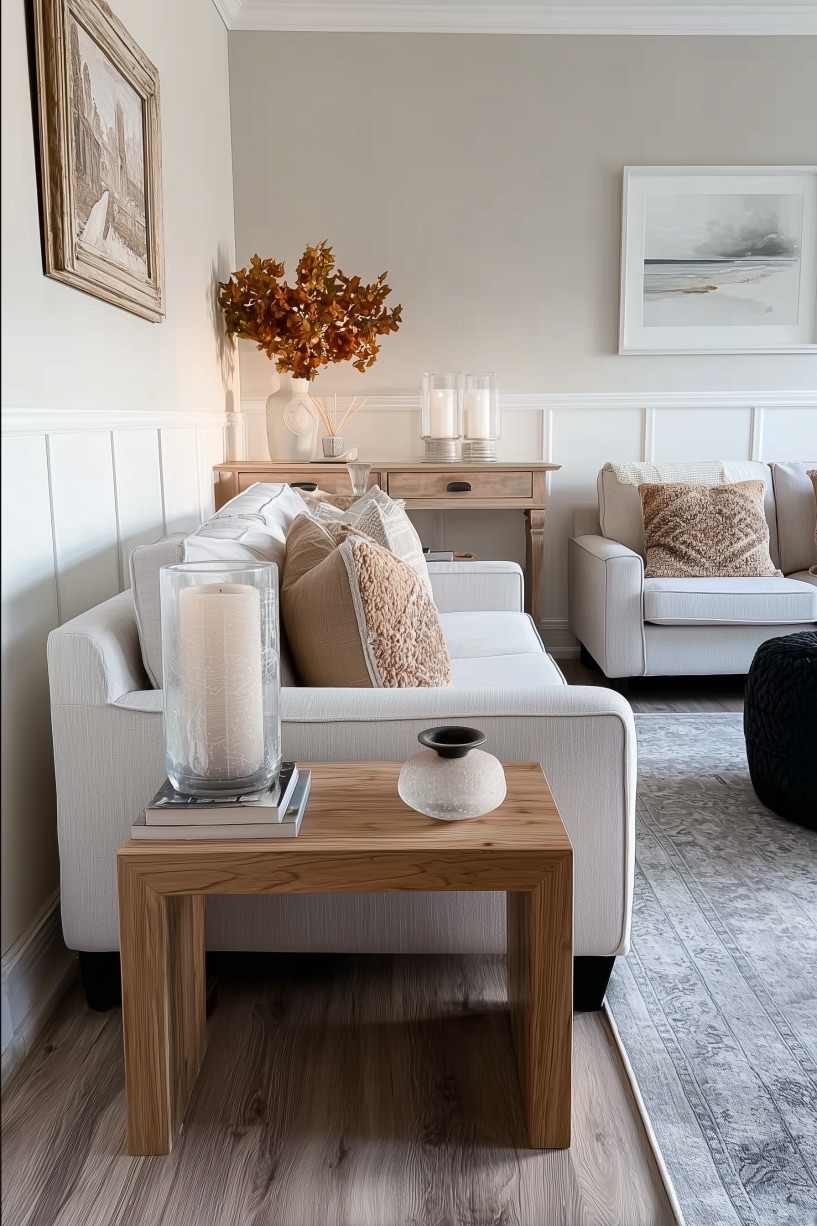 Pair Neutral Candles with Simple Stoneware for Calm Ideas Behind Couch