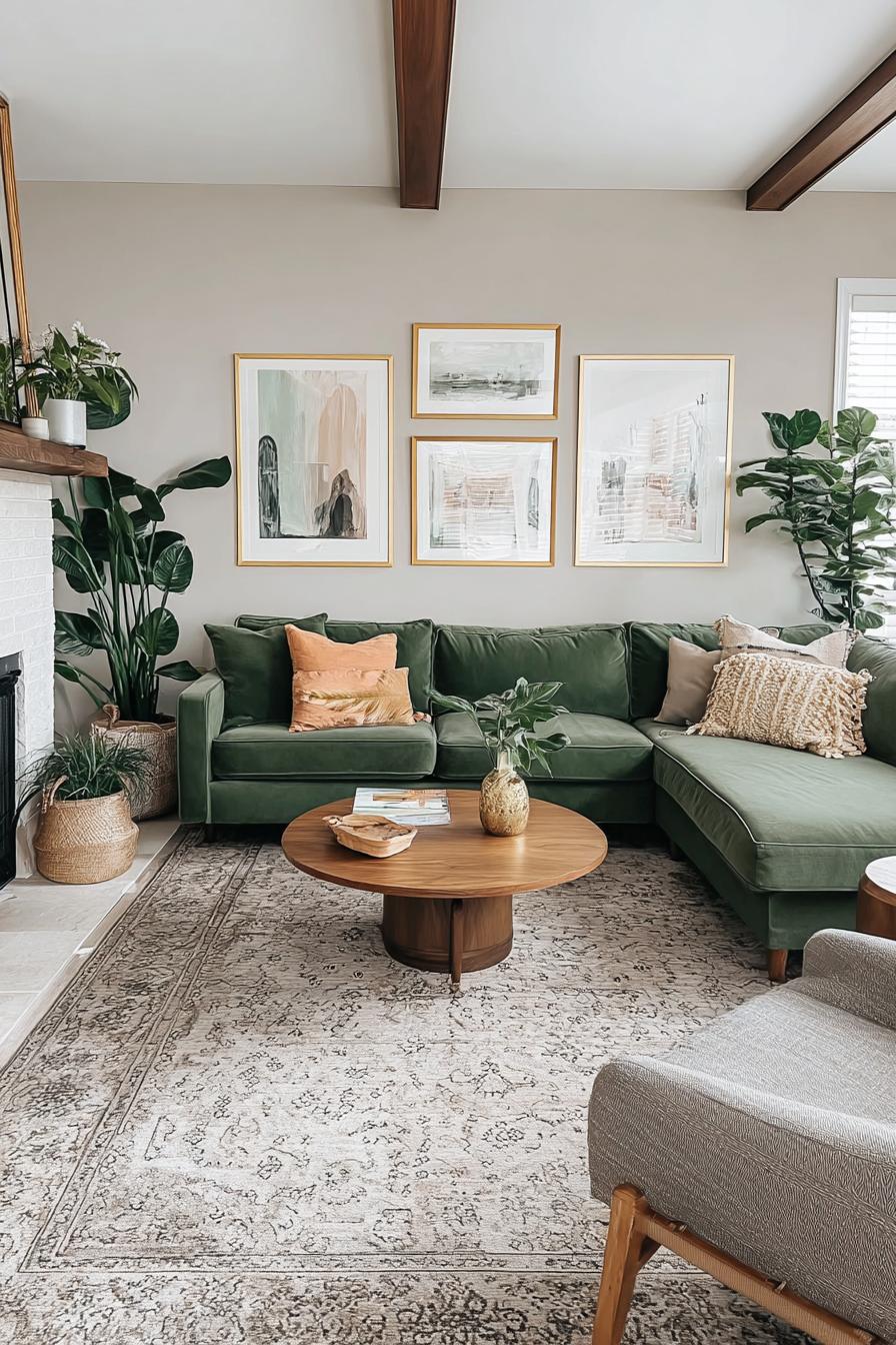 Pair Neutral Curtains with Soft Green Elements For Subtle Harmony