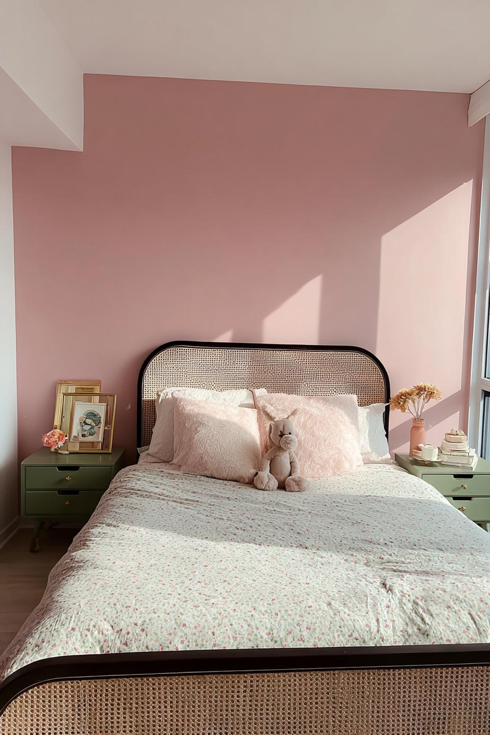 Pair Olive Green Nightstands to Contrast Pink Wall Decor