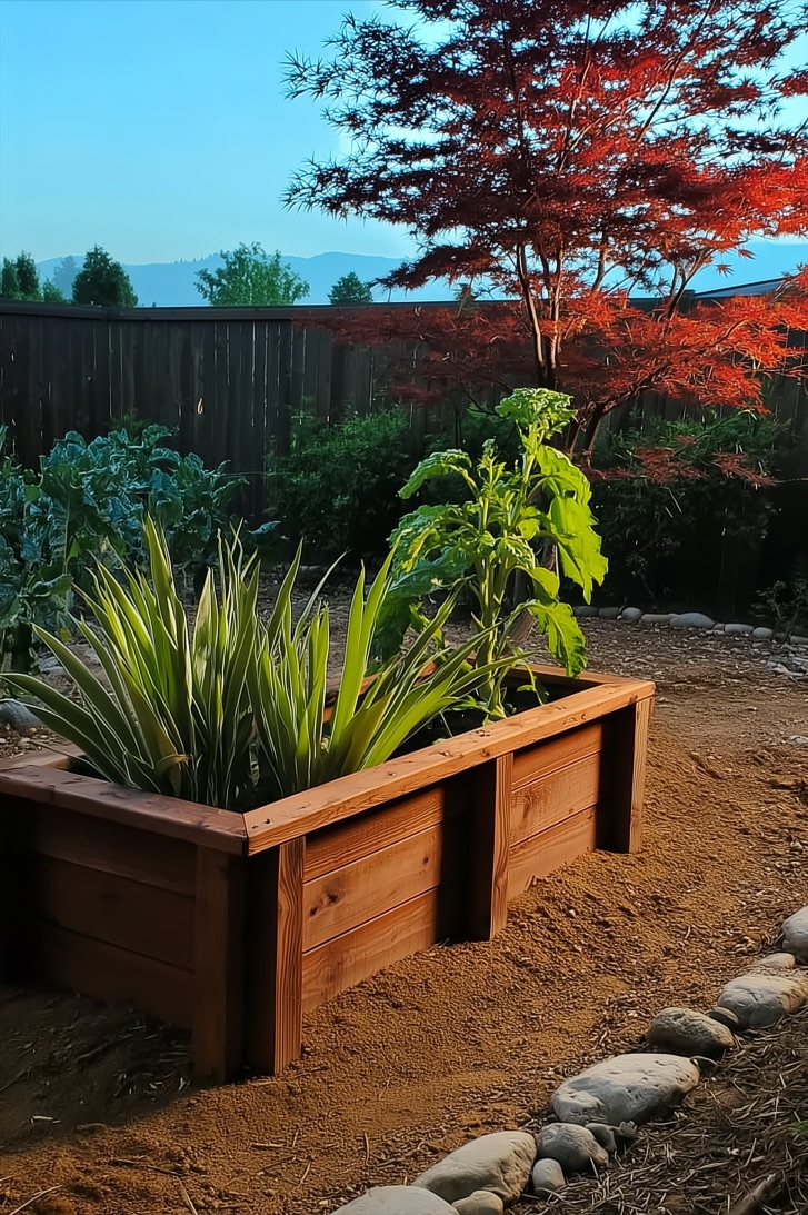 Pair Raised Beds with Decorative Trees for Striking Backyard Ideas