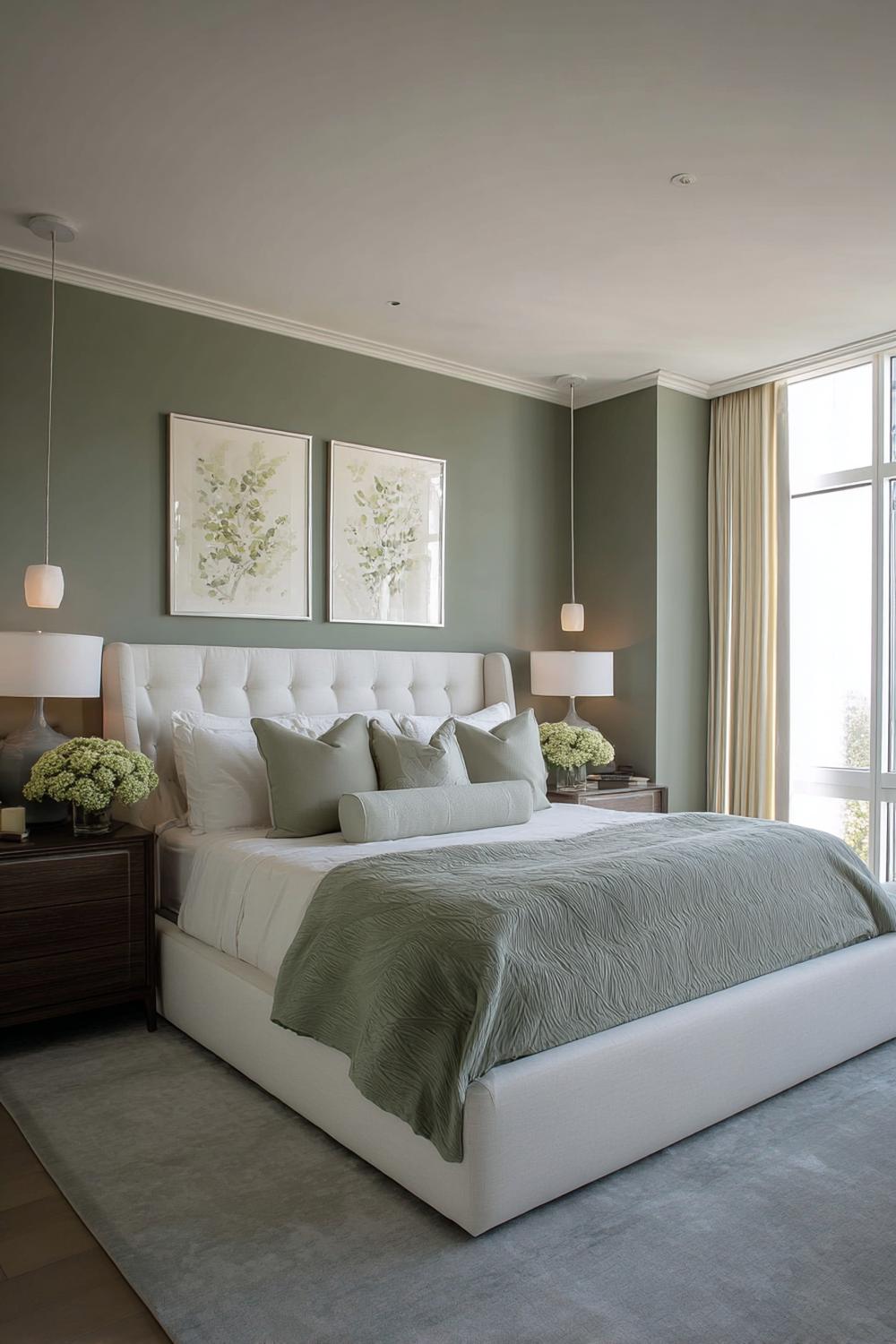 Pair Sage Green Bedding with White Upholstered Bed For Elegance