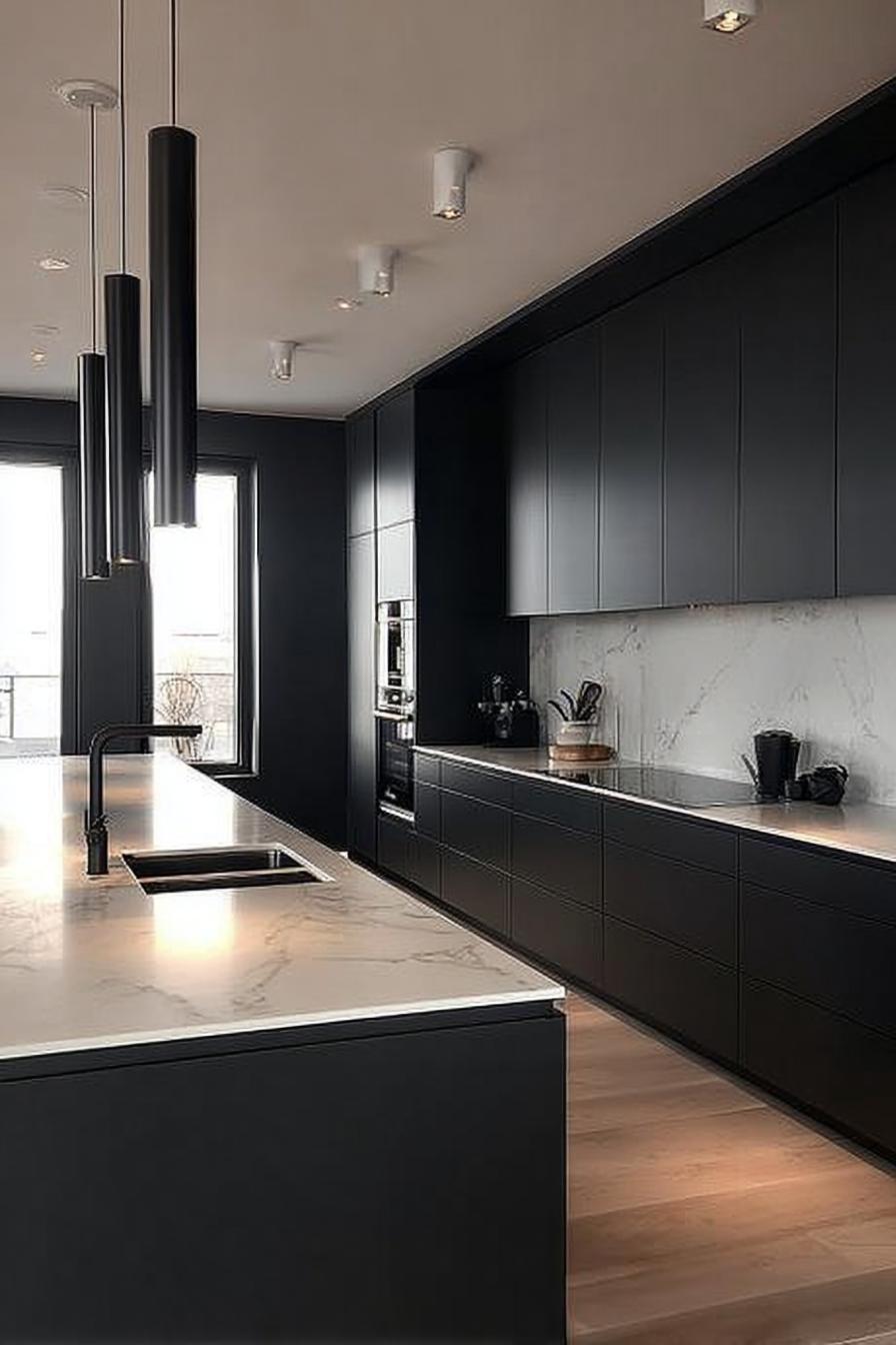 Pair Sleek Black Cabinetry with Light Wood Floors For Modern Contrast