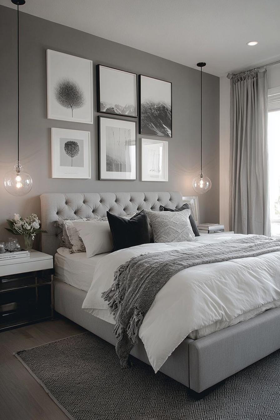Pair Sleek Black Nightstands with Soft Grey Wall Paneling