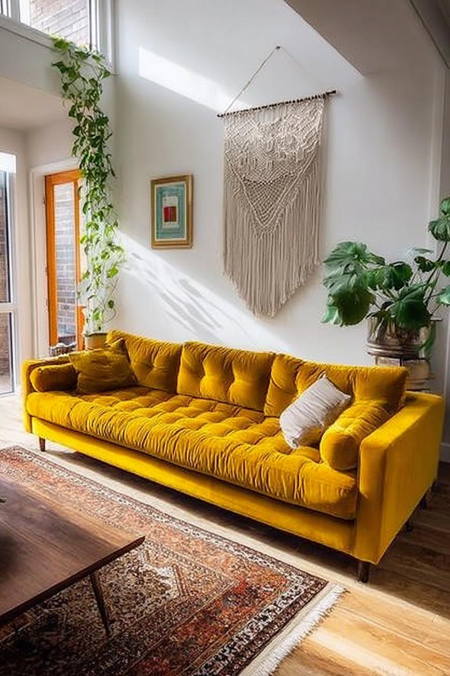 Pair Yellow Couch with Earthy Elements For Cozy Apartment Style