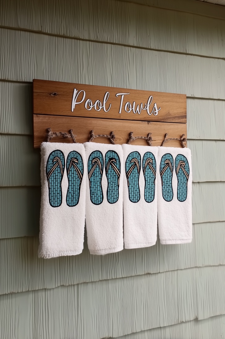 Personalize Wooden Signs with Hooks for Diy Pool Towel Rack Ideas