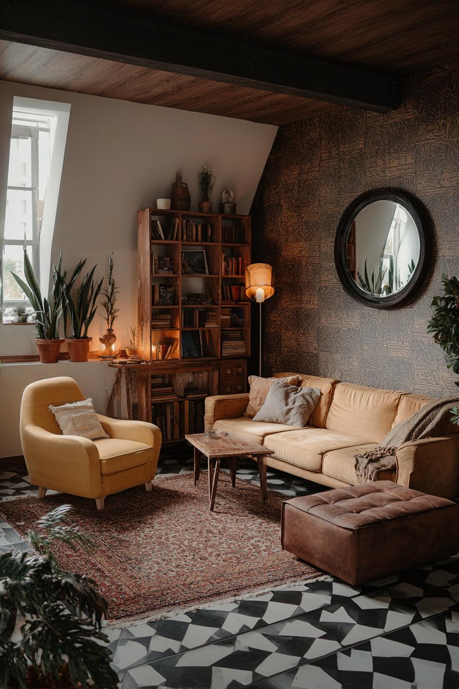 Place a Round Mirror to Amplify Vintage Living Room Design