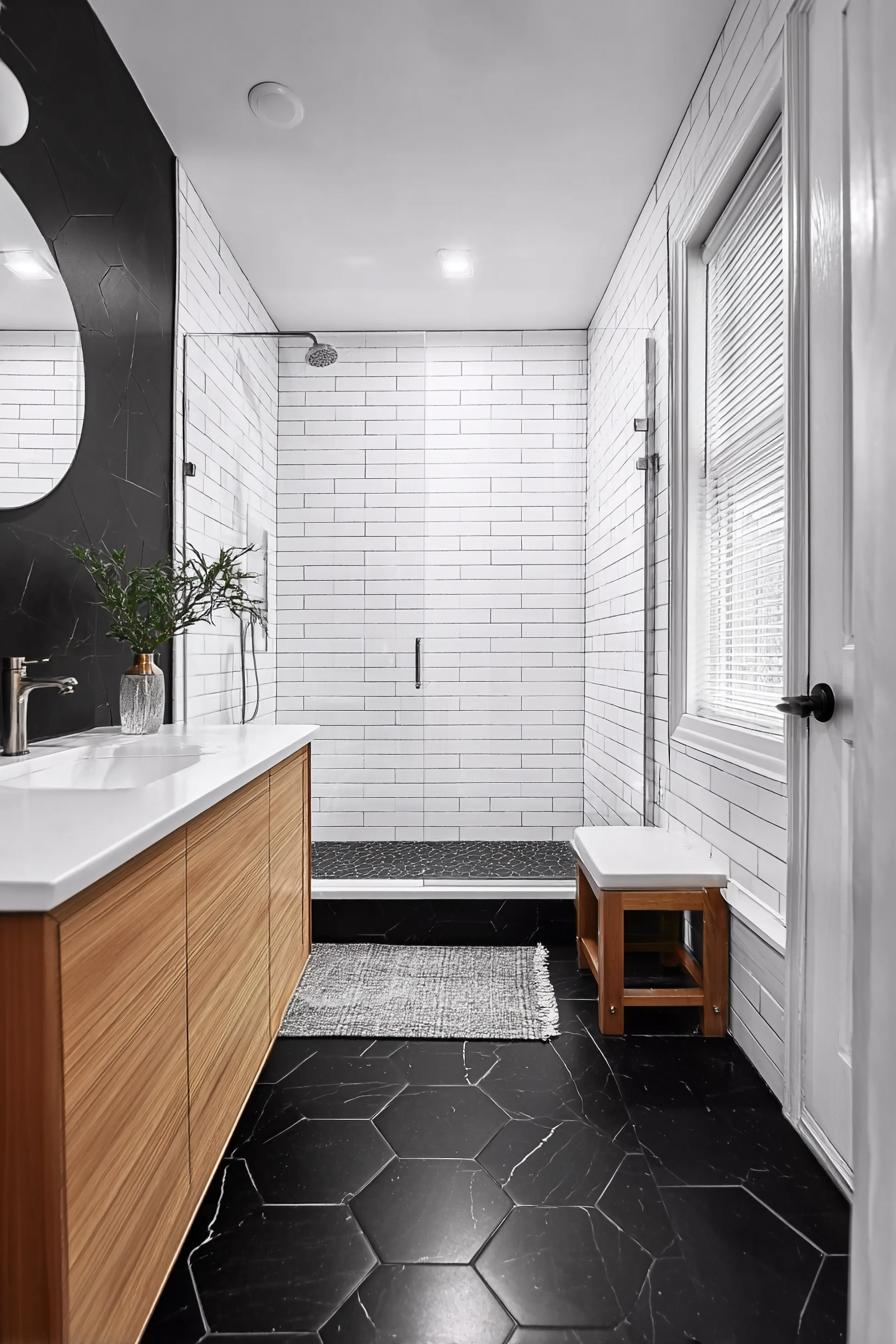 Place a Wood Bench For Warmth in Modern Showers