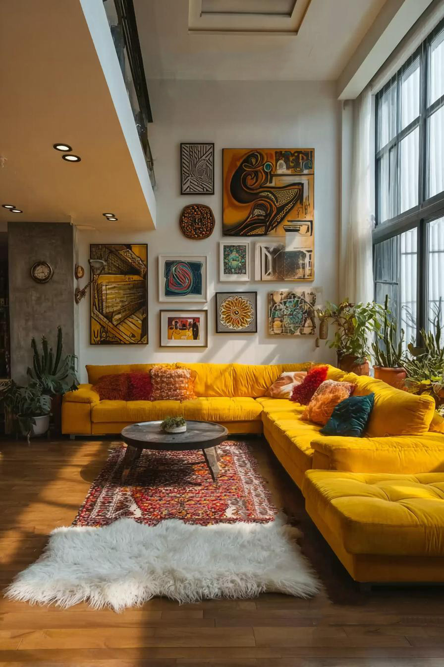 Place Colorful Textured Pillows on Yellow Couch For Boho Appeal
