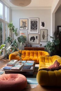 Position Abstract Art Gallery Behind Yellow Couch for Retro Appeal