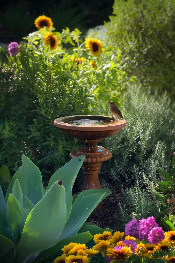 Position Your Bird Bath Among Sunflowers for Dramatic Garden Height