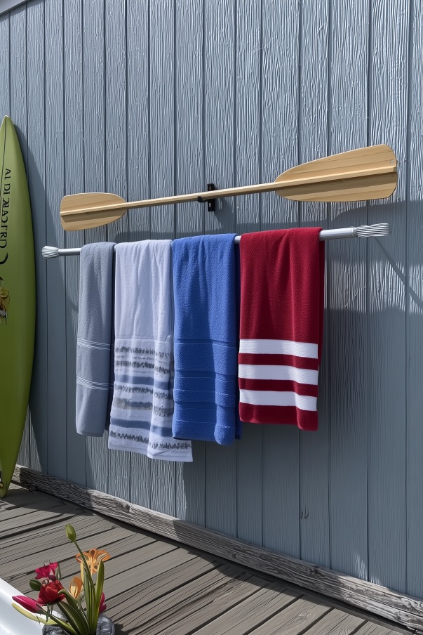 Repurpose Oars As Creative Outdoor Pool Towel Rack Ideas