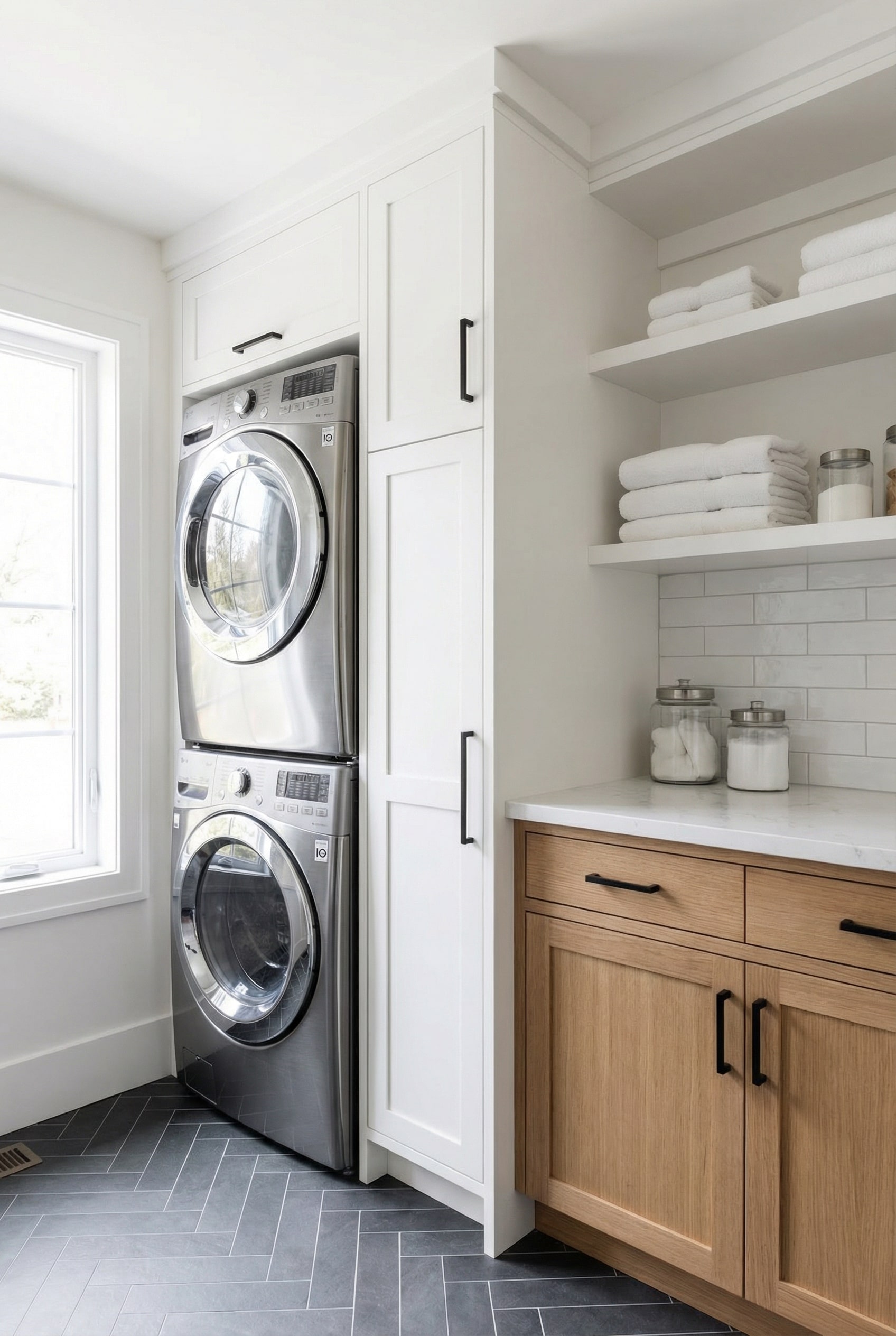 Select Black Chevron Tiles for Dramatic Laundry Room Design