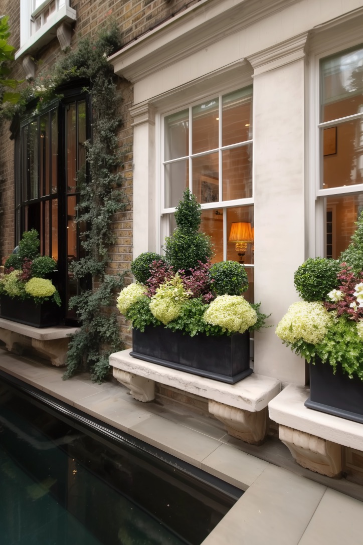 Select Sleek Black Trough Planters for a White and Green Palette