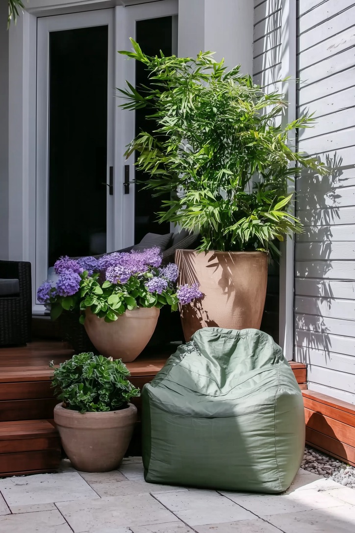 Set Up Outdoor Bean Bags Beside Flower Pots for Relaxed Diy Appeal