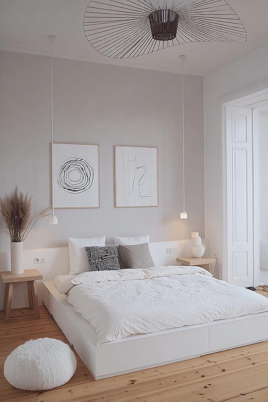 Showcase Abstract Wall Art to Elevate White Bedroom Walls