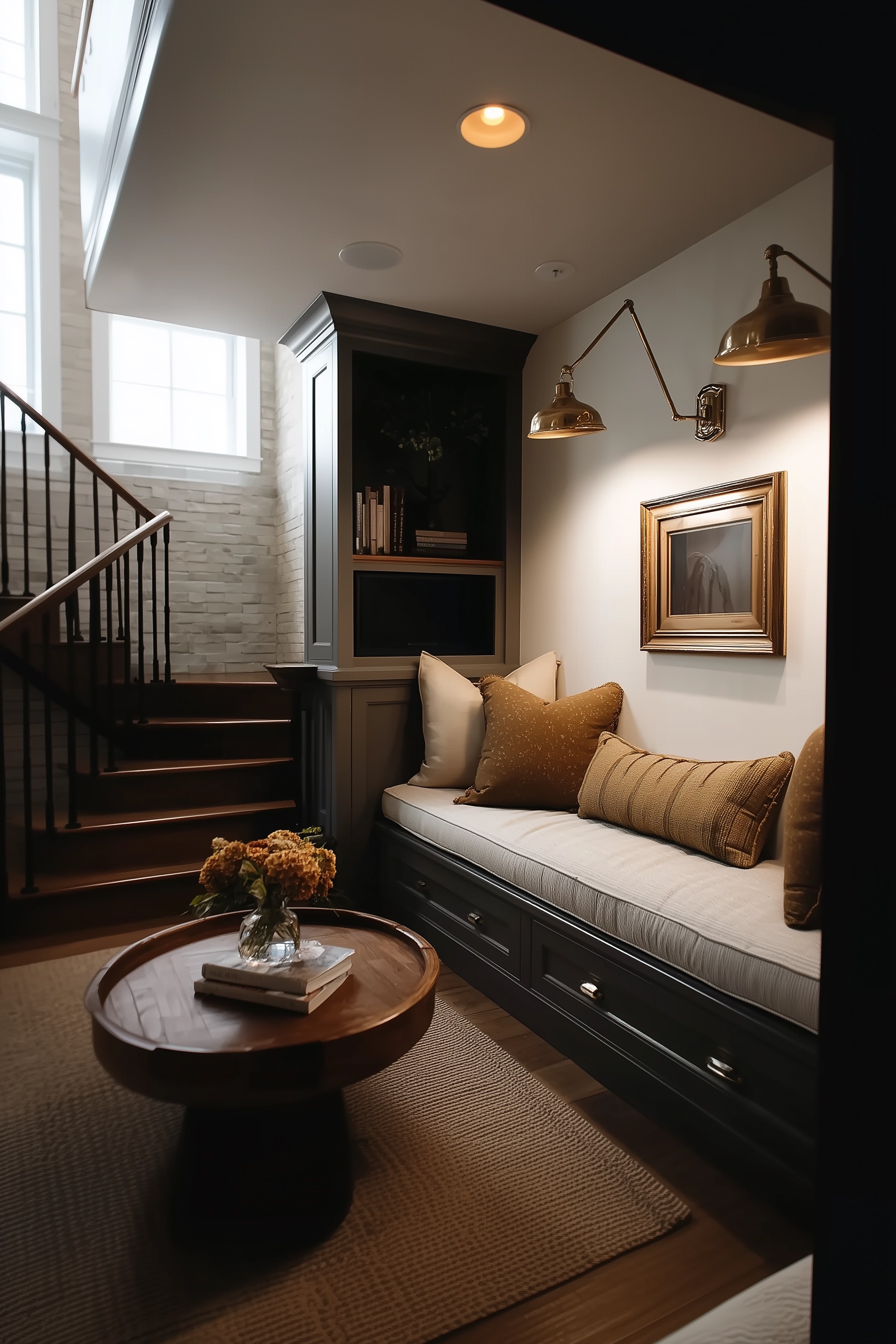 Showcase Framed Art and Sconces for Basement Decor