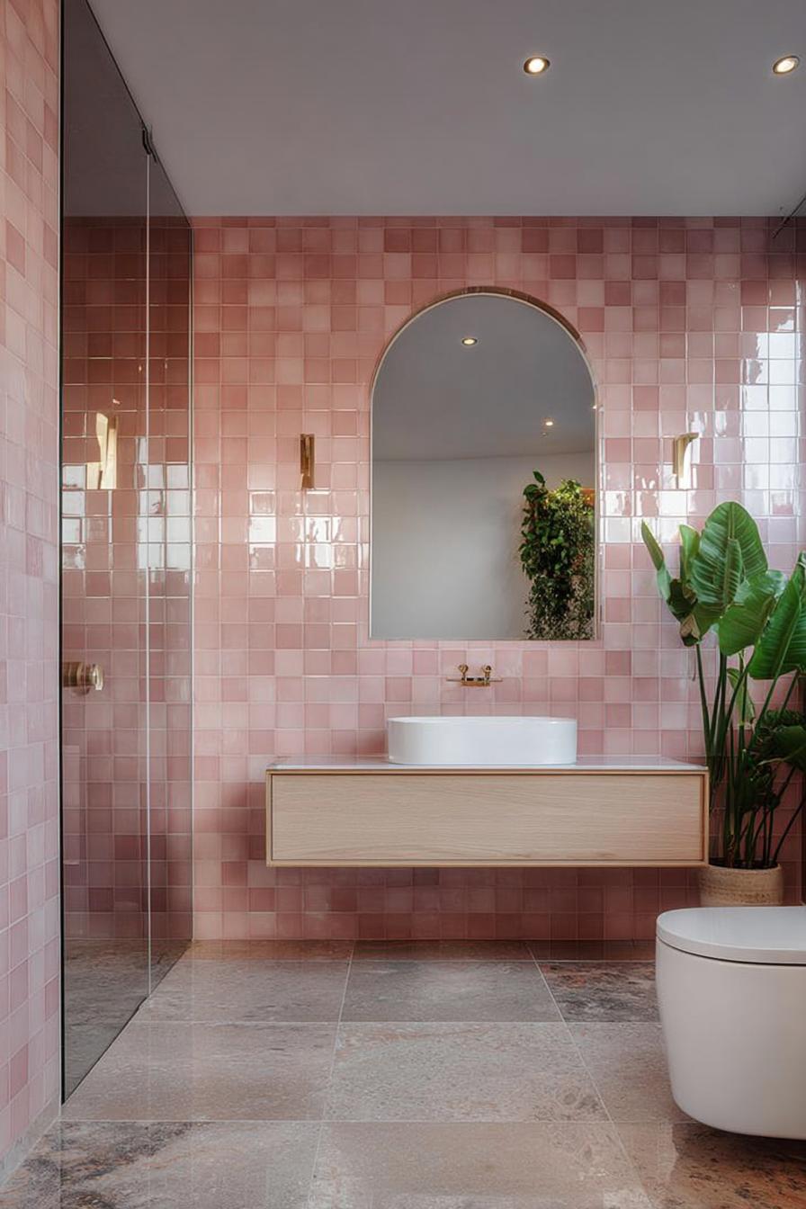 Showcase Large Green Plants For a Fresh Modern Pink Bathroom