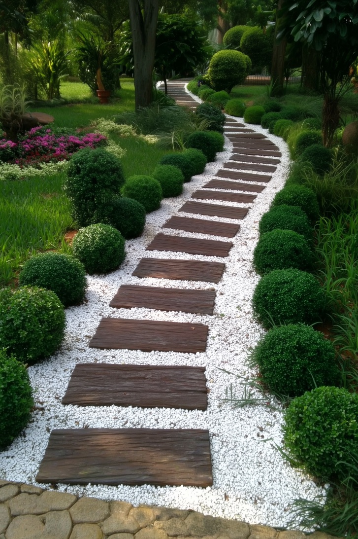 Space Wooden Planks for a Contemporary Stepping Stones and Gravel Look