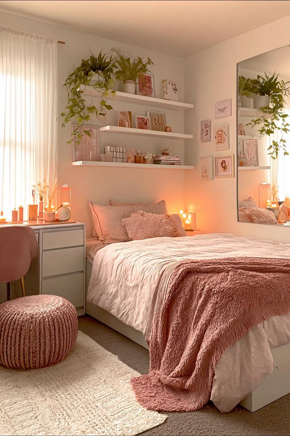 Style Floating Shelves with Green Plants For Pink and White Decor