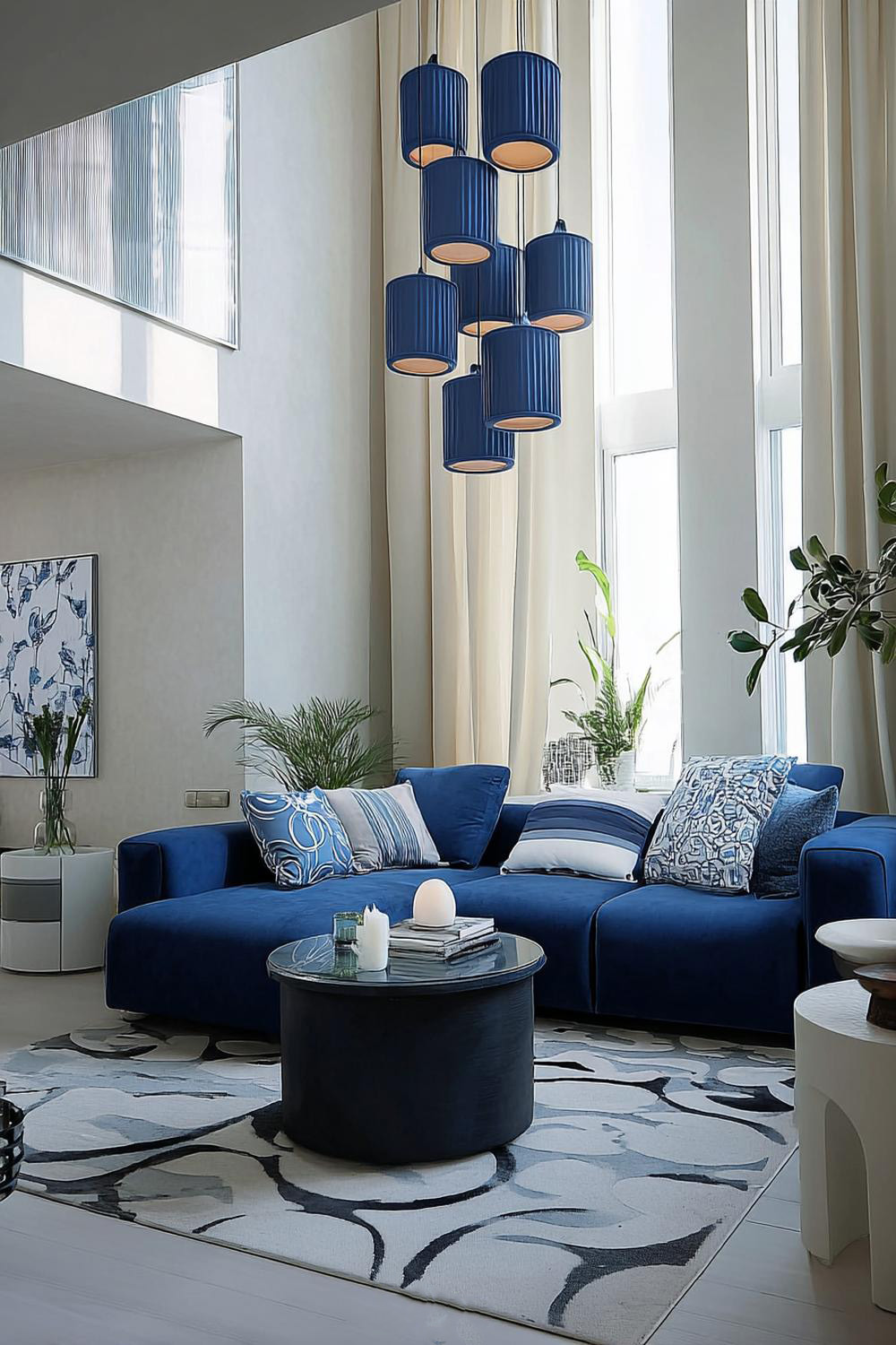 Suspend Bold Blue Pendant Lights For Striking Vertical Emphasis