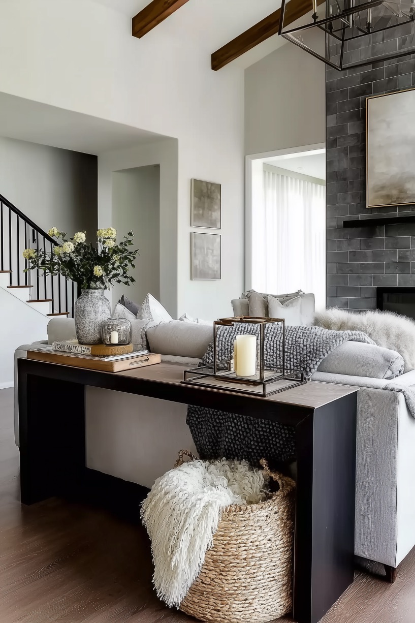 Tuck a Woven Basket with Throws for Functional Ideas Behind Couch