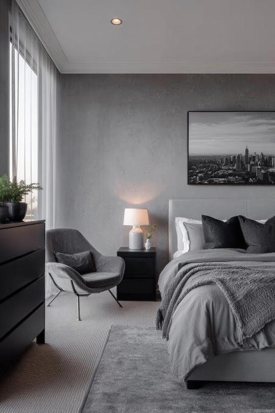 Use a Plush Grey Carpet to Soften Minimalist Bedroom Lines
