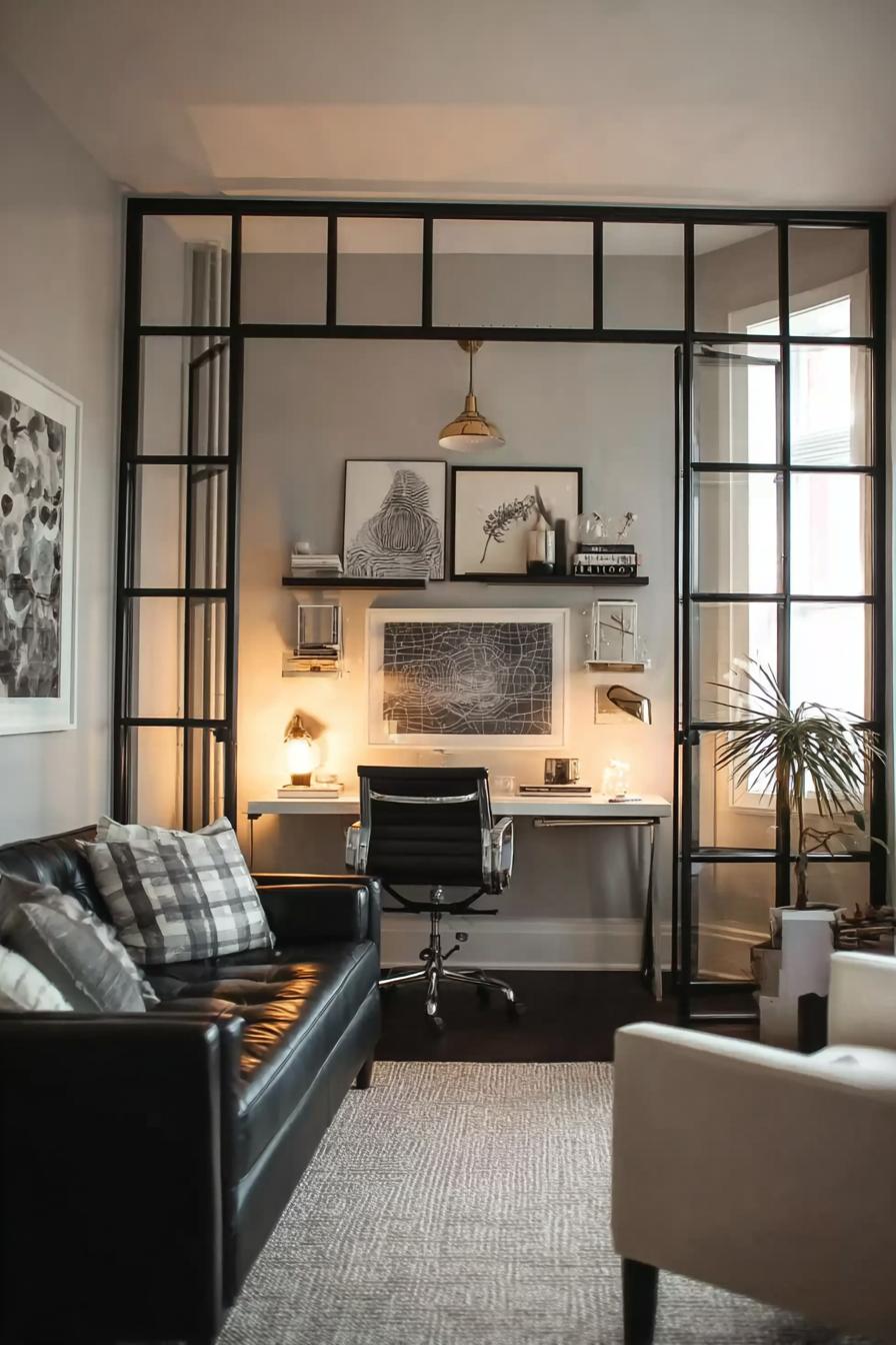Use Black Metal Divider to Define Narrow Living Office Design